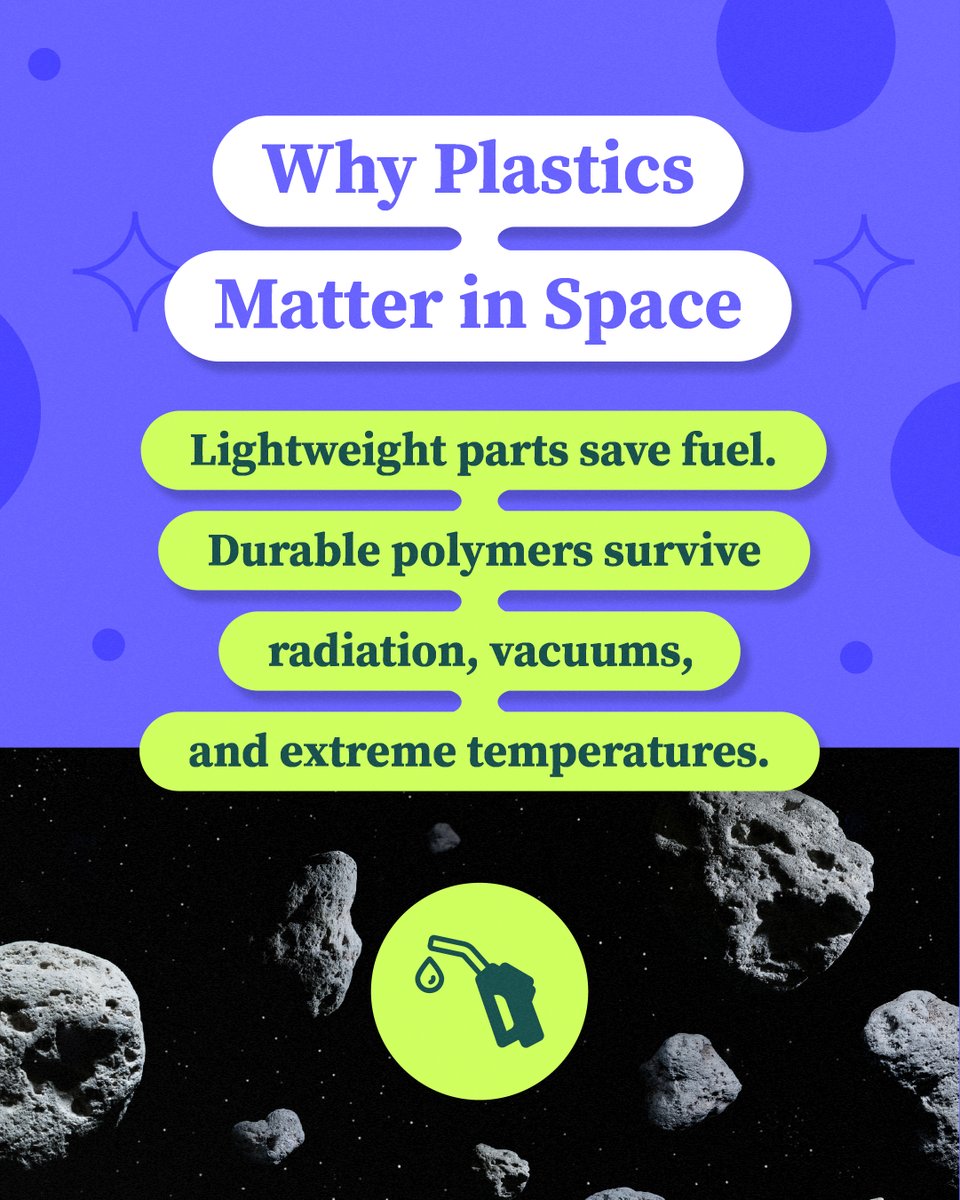 SavePlasticCA's tweet photo. Plastics in space? Yep. Lightweight parts save launch fuel, durable polymers protect astronauts &amp; gear, and 3D‑printed plastic tools keep missions going. #PlasticsUnexpected #SpaceTech #MaterialsMatter https://t.co/CK6gWkANto