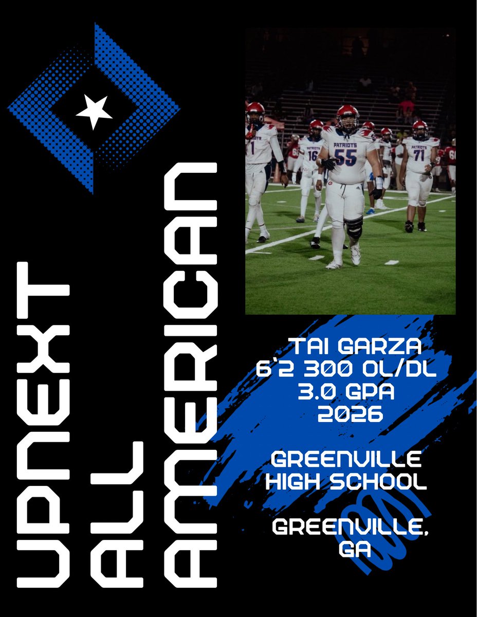 Tai Garza, a talented athlete from Greenville High School in Greenville, Georgia, will be playing in the UPNEXT HIGH SCHOOL ALL AMERICAN GAME.

Event Details:_
Date:_ December 6, 2025
Location: AJ McClung Memorial Stadium, Columbus, Georgia 31901

About Tai Garza
School