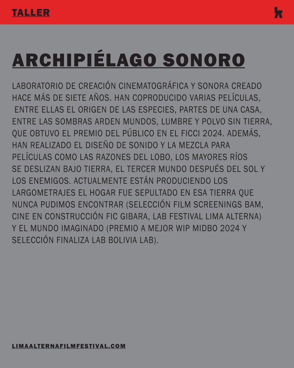 🔊TALLER DE DISEÑO SONORO EXPERIMENTAL PARA CINE 

🎞️Por Deimer Quintero y Abel Villa
📆Del 14 al 17 de oct. ⁠De 10 a.m a 1 p.m

📍Toulouse Lautrec
Av. Javier Prado Oeste 980, Magdalena.

Inscripción 100 soles (Yape o depósito a Interbank/BBVA)

Deadline 12/10
Info: 980375110
