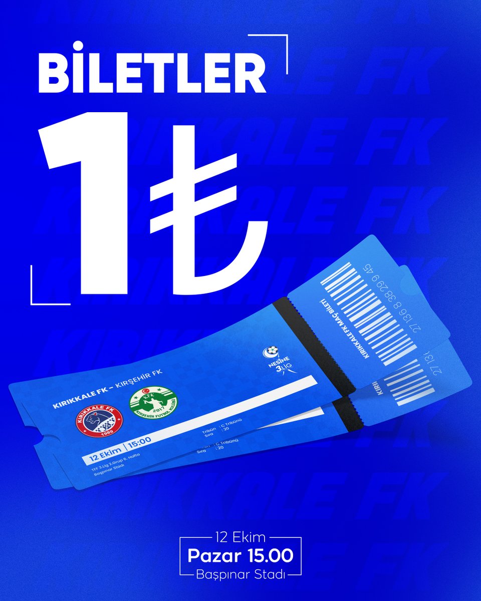 KirikkaleFKtr's tweet photo. Biletler Sadece 1 TL!
Tüm Kırıkkale halkını tribünlere bekliyoruz! 💙❤️
📅 12 Ekim, Pazar
🕒 15.00
📍 Başpınar Stadı
KIRIKKALE FK - KIRŞEHİR FSK
#KırıkkaleFK #KFK https://t.co/v6AvOhQApi