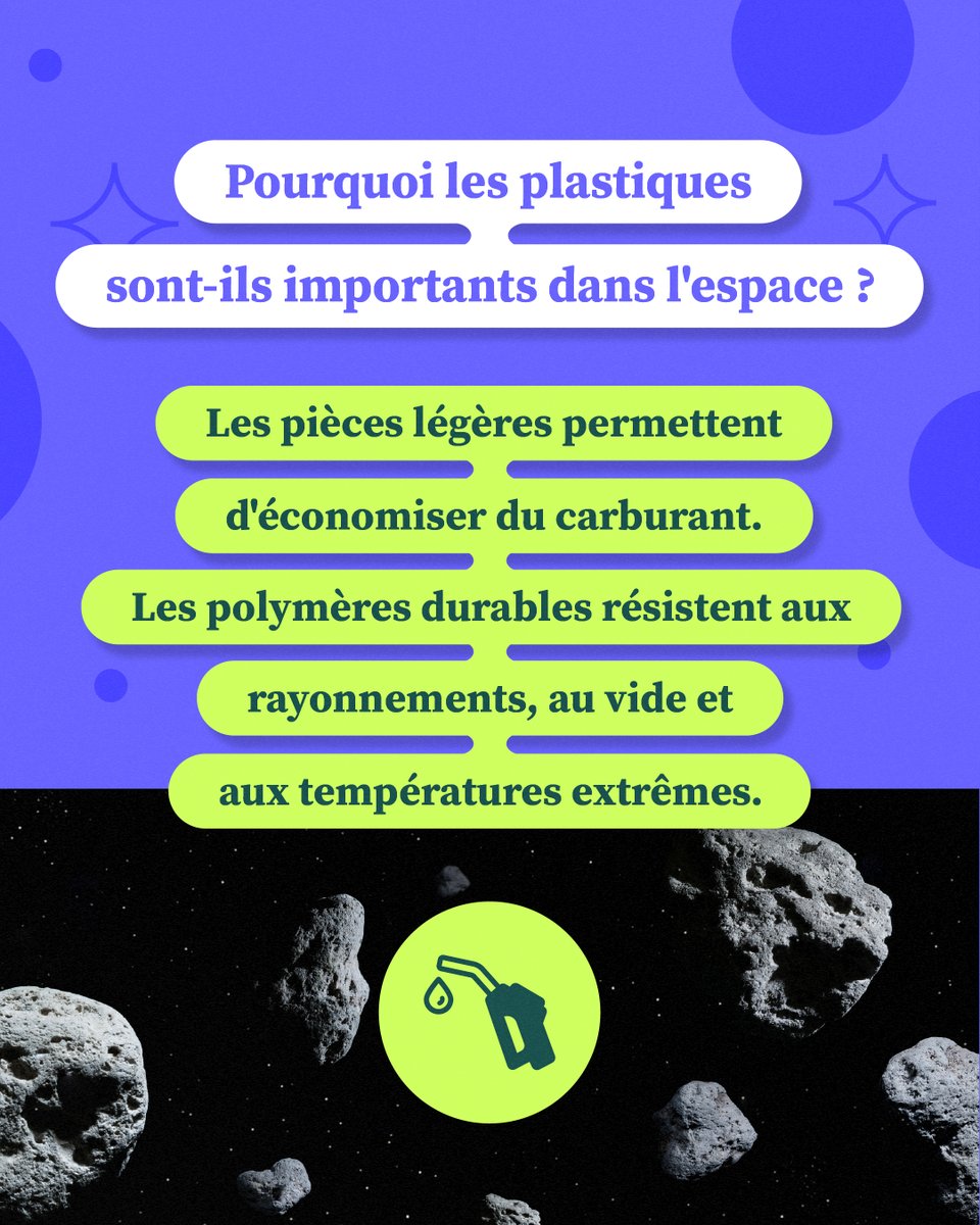 SavePlasticCA's tweet photo. Des plastiques dans l'espace? Oui! Les pièces légères permettent d'économiser du carburant au lancement, les polymères durables protègent les astronautes et leur équipement, et les outils en plastique imprimés en 3D permettent de poursuivre les missions. #PlastiquesInattendus https://t.co/IyKuOoczta