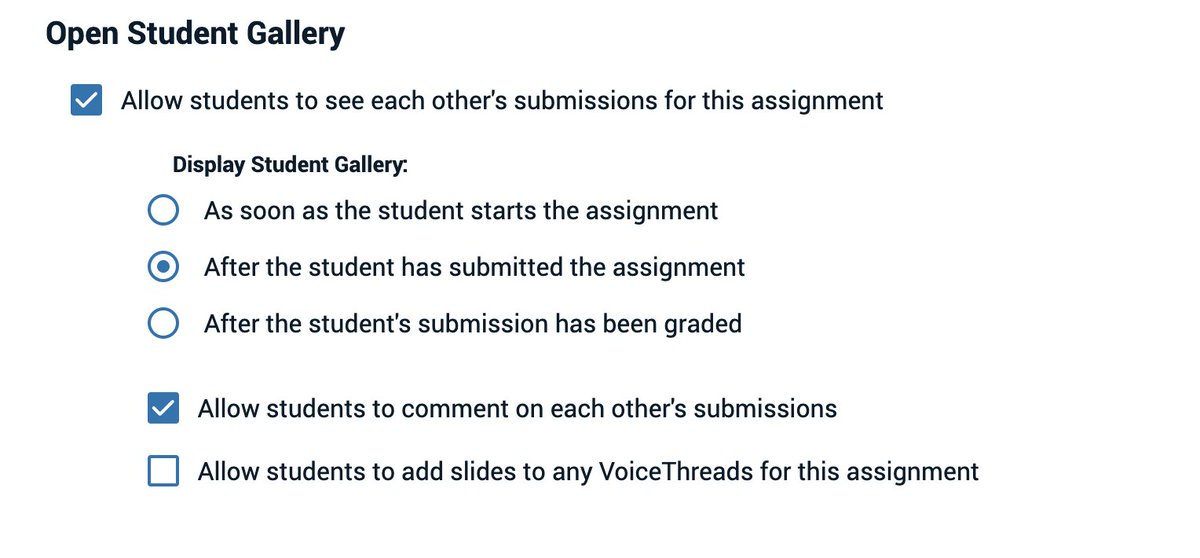 voicethread's tweet image. Did you know that you can now customize when students see the Student Gallery for your Create Assignments? #VoiceThread