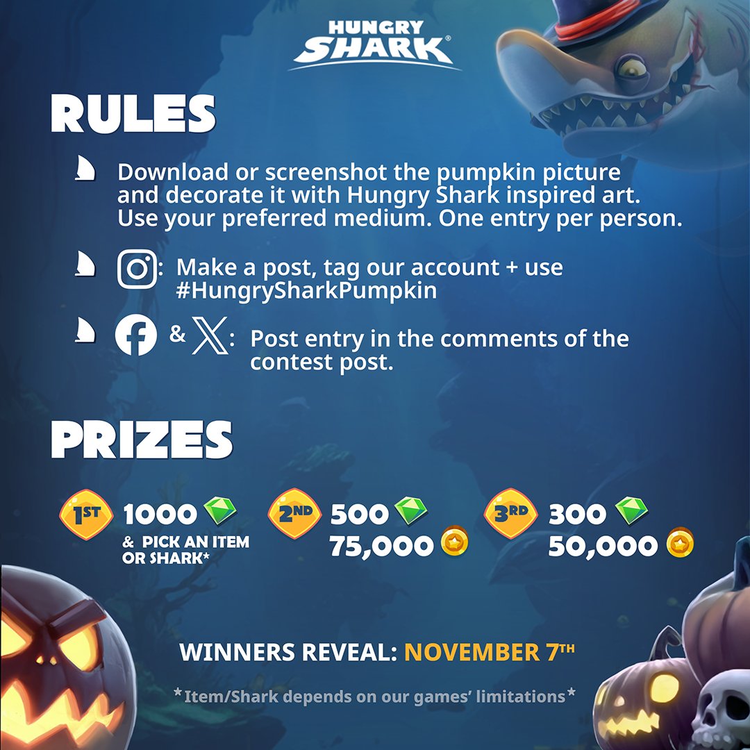 Hungry_Shark's tweet image. 🎃Hungry Pumpkin Decoration Contest🎃
It’s time for a spooky contest👻You can decorate on top of and around the pumpkin - imagine if the pumpkin had a shark fin🦈
Contest info listed below🧵👇
#Hungryshark #pumpkin #contest #HungrySharkPumpkin