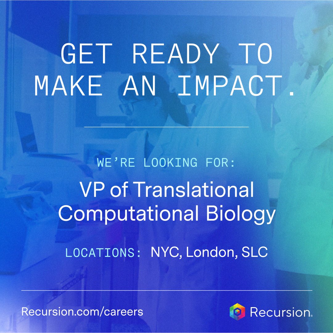 RecursionPharma's tweet image. 💥 Ready to make an impact?

We’re currently hiring a VP of Translational Computational Biology to set strategy and implementation of connecting data from our genome-scale omics platforms with population- and patient-derived genetics, leveraging advanced analytics including…