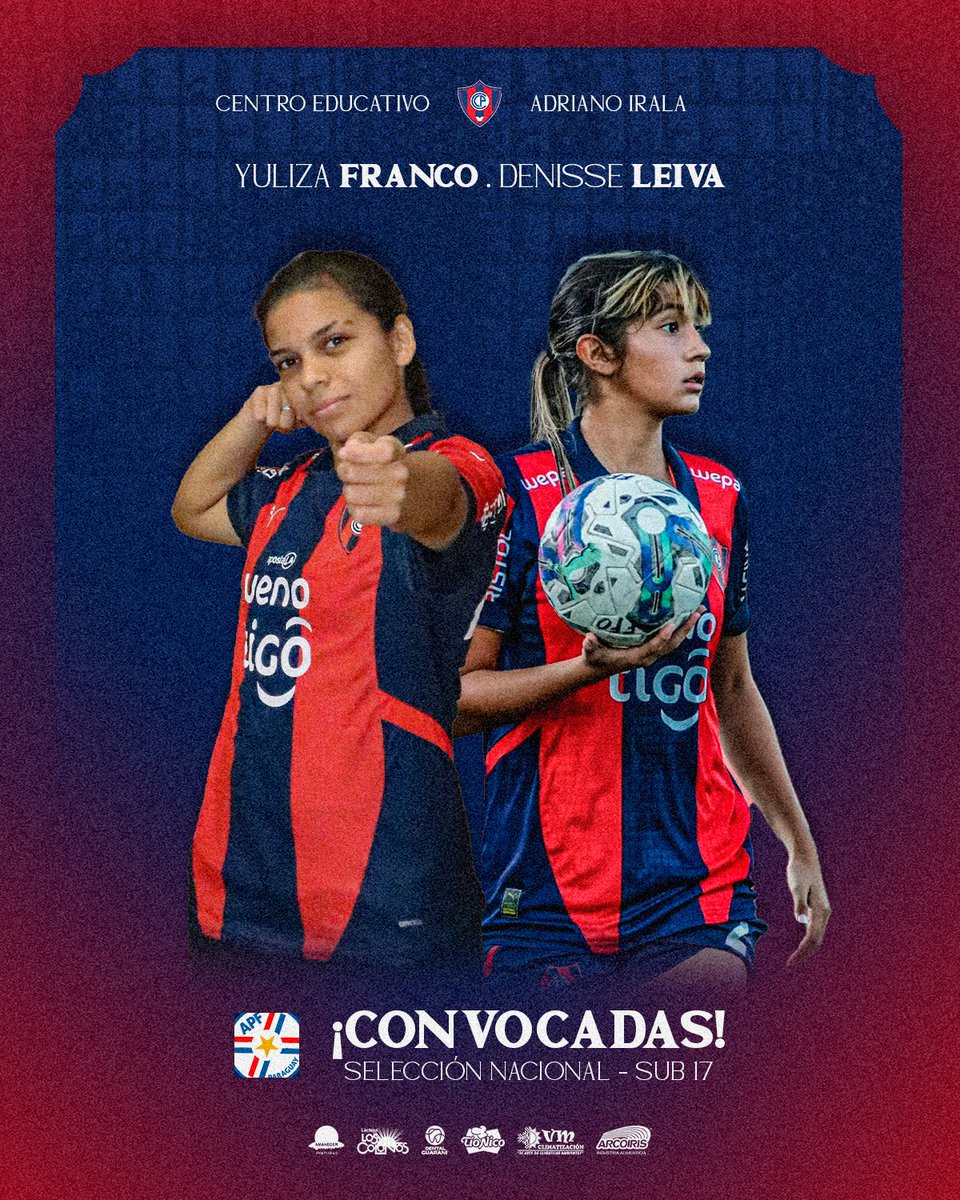 #CentroEducativoAdrianoIrala 🏫

Felicitamos a nuestras estudiantes Yuliza Franco y Denisse Leiva, que han sido convocados a la <a href="/Albirroja/">Selección Paraguaya</a>, para disputar la Copa Mundial Femenina Sub 17 en Marruecos 🏆🌍

¡𝑨 𝒅𝒂𝒓𝒍𝒐 𝒕𝒐𝒅𝒐, 𝒄𝒉𝒊𝒄𝒂𝒔! 🇵🇾

#FundaciónCCP🔵🔴