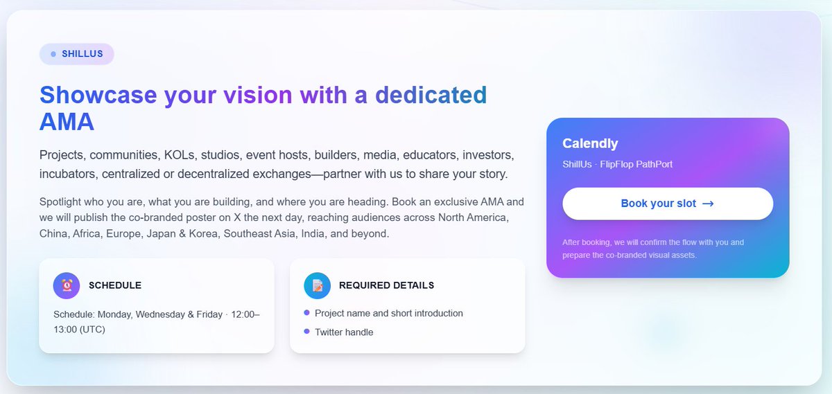 flipfloplaunch's tweet image. ✨ShillUs✨
Show and tell us by booking an AMA
👇👇👇
calendly.com/shillus-ffpp/6…

If you are a Project party, community, KOL, MCN, Event Organizer, developer, media, training institute, VC, incubator, CEX, DEX, etc. Welcome to showcase yourself and to be our partners

Show and tell…