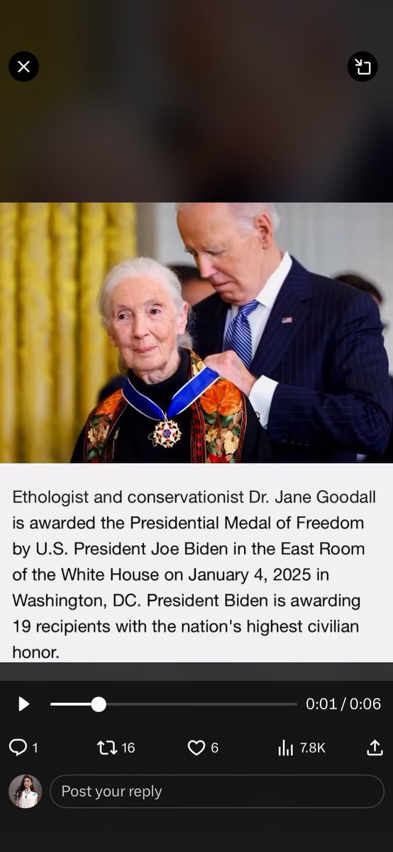 What did she (actually a he）do to deserve a Medal of Freedom？ to deceive the sheeple for sure.  He said chimpanzees can make and use tools ( same as human), and thus his biggest achievement is, quote “taught humanity about our closest evolutionary relatives, the chimpanzees. ”