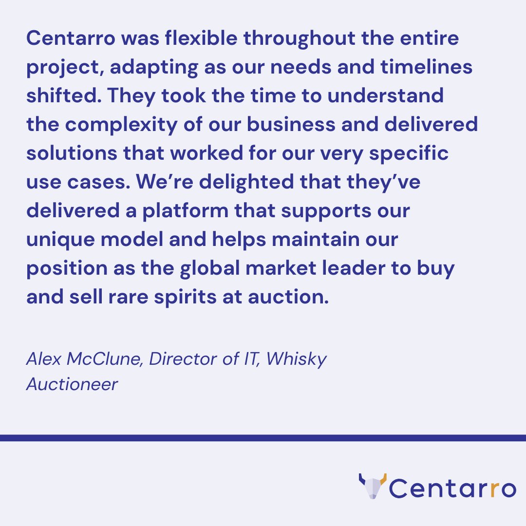 CentarroHQ's tweet photo. "Centarro was flexible throughout the entire project, adapting as our needs and timelines shifted."

See how we helped create a global, online marketplace for rare spirits.

https://t.co/RM3c3IOM1z https://t.co/oMymGGylzn