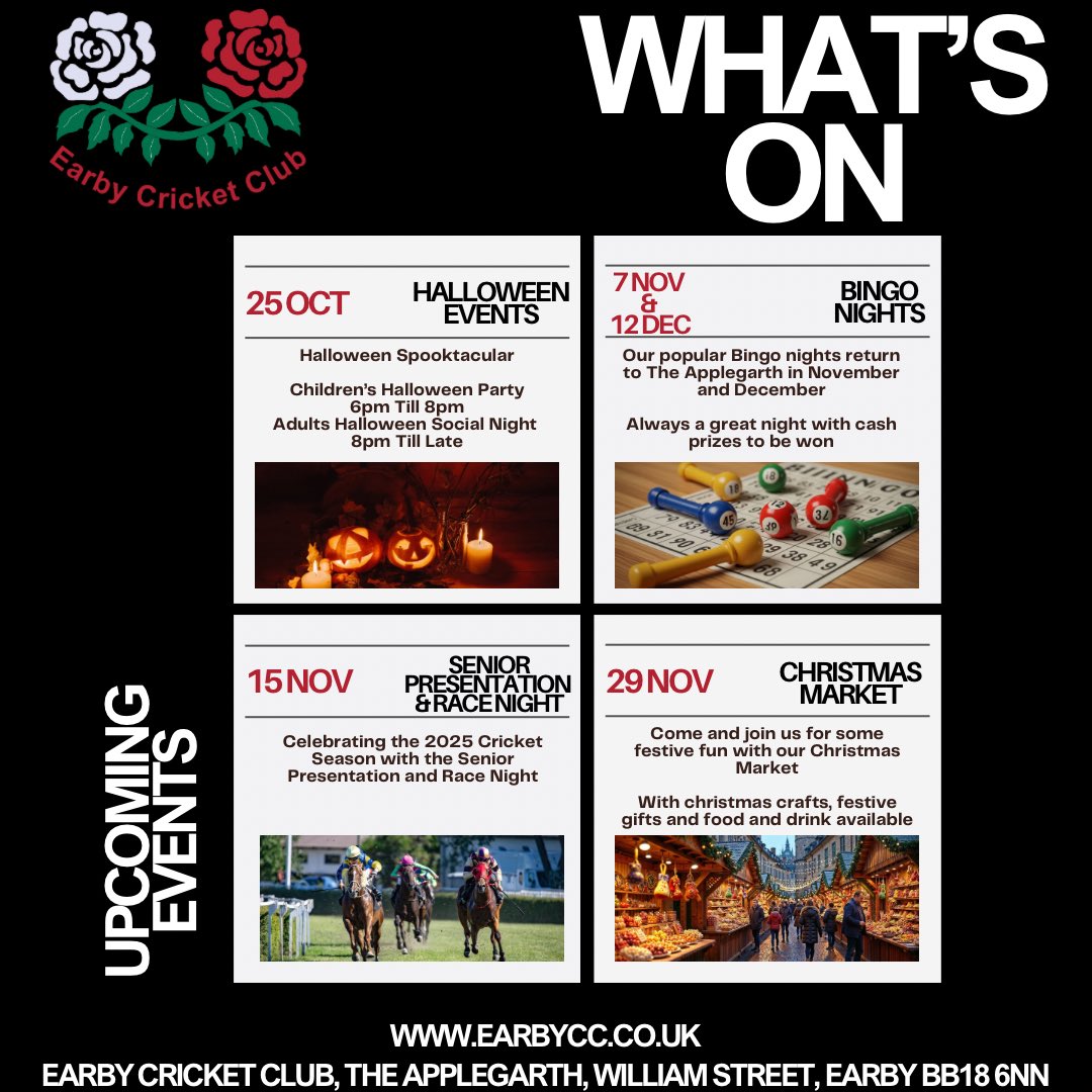 What’s On - Upcoming Events

Even though the cricket season has finished and the nights are drawing in the action doesn't stop at the club as various events and social nights have been arranged up until the end of the year

earbycc.co.uk/post/whats-s-o…