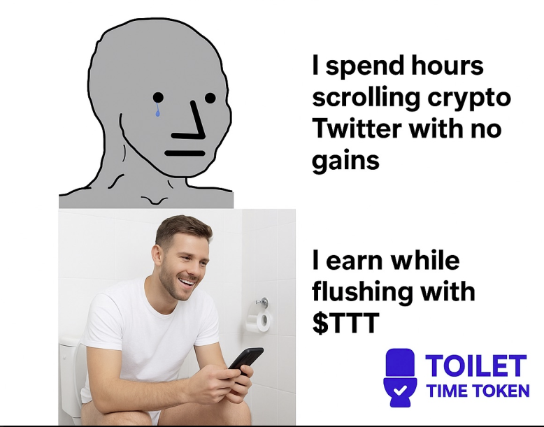 ttt_token_real's tweet photo. While others chase moonshots π
We chase bathroom breaks. π½π©
Toilet Time Token = the first project rewarding your most productive 5 minutes of the day. β±οΈ
Support the Quiet Quitters. Flush your way to freedom. πͺ β¨
#ToiletTimeToken #PaidPoopsMatter #TTT https://t.co/b1HGUtZek1