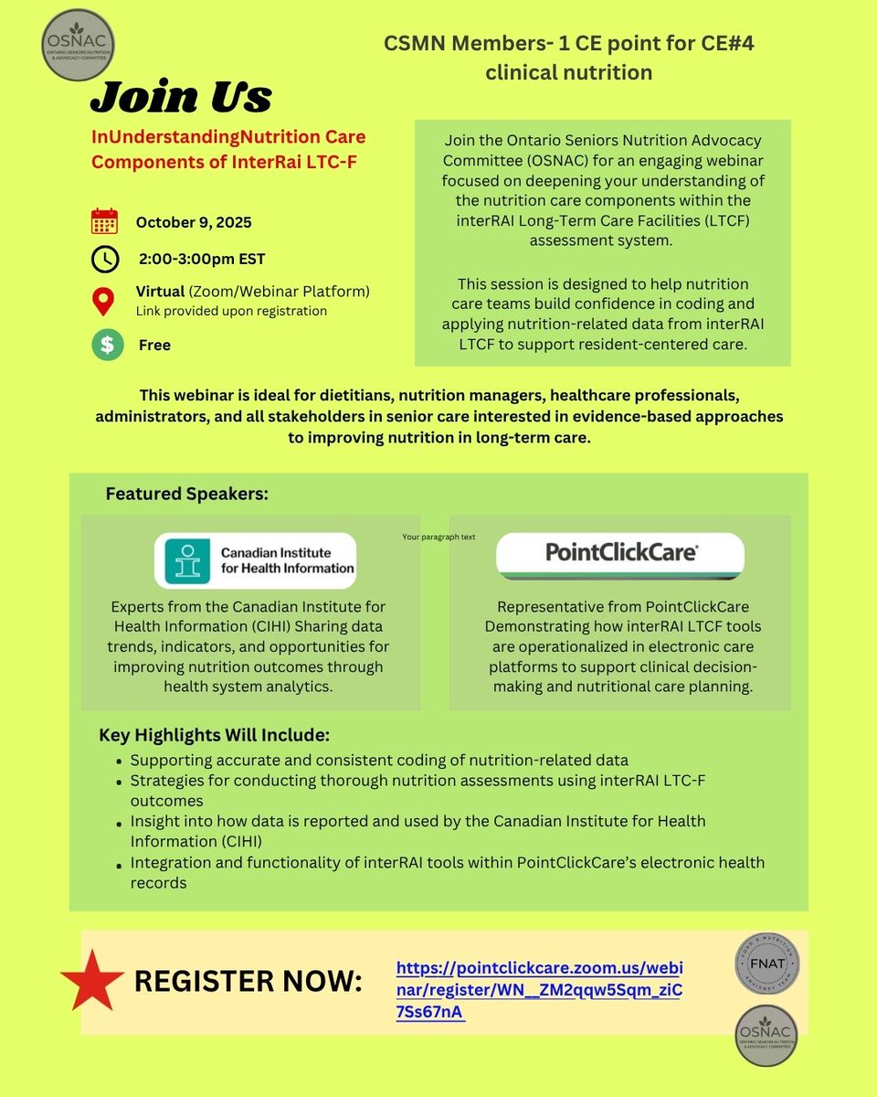 📣 Join OSNAC’s webinar Oct 9, 2–3pm EST!
🎙️ Experts from CIHI &amp; PointClickCare
🔍 Learn to:
✅ Code nutrition data
✅ Assess nutrition needs
✅ Report with CIHI
✅ Use interRAI in PointClickCare
📅 Boost resident-centered care!
👉 Register now: lnkd.in/dv887fPX