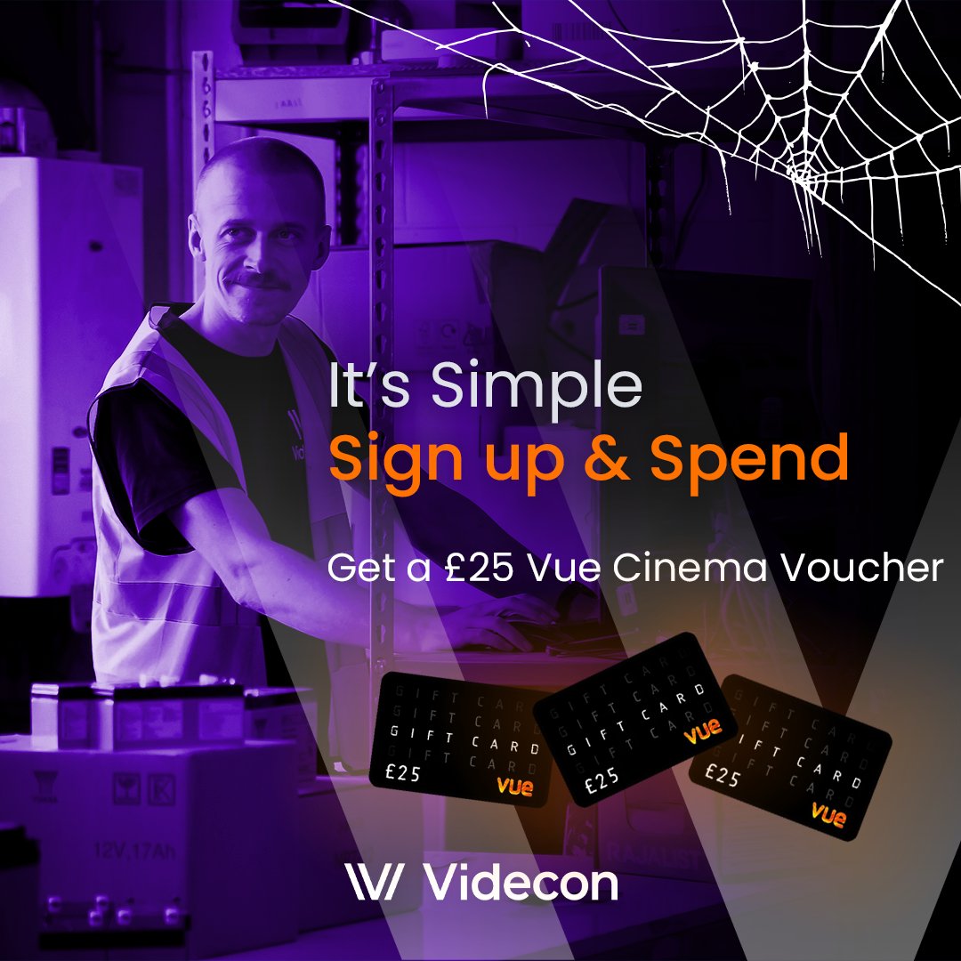 The new customer offer is extending to October and we are making it scarily good for you 🎃

Register in October, spend £500 and get a £25 Vue cinema voucher. It's that simple!

bit.ly/3J2LMxQ

#Videcon