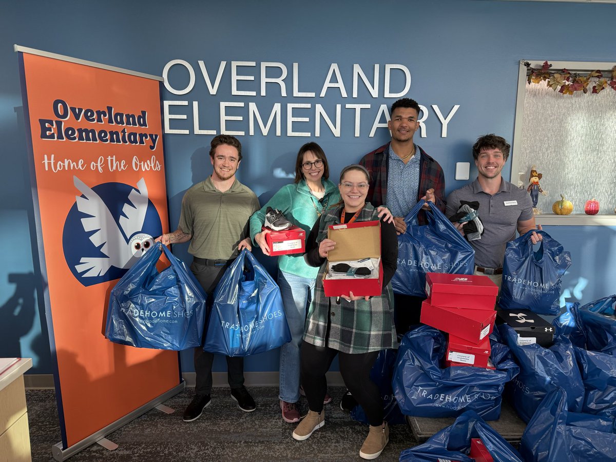 We are so fortunate to have great community partners and supports.  This morning, we accepted a donation of over 45 pairs of shoes from Tradehome Shoes to support our students #overlandrps