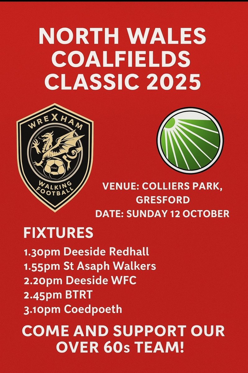 Wrexhamwalking's tweet photo. Wrexham Walking FC Over 60s in action this Sunday at Colliers Gresford in tournament organised by @CRTWales 
Come and support the team ⚽️ https://t.co/Fm4jlUILEC
