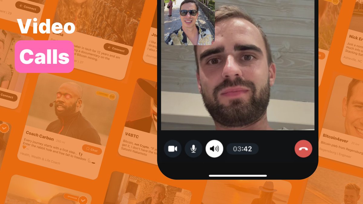 orangepillapp's tweet image. Sometimes your Bitcoin friends are across town. Other times they’re across the world. Now, even when you can’t meet in person, you can still meet them face to face, right inside the app! 
✨ Introducing Video Calls! ✨