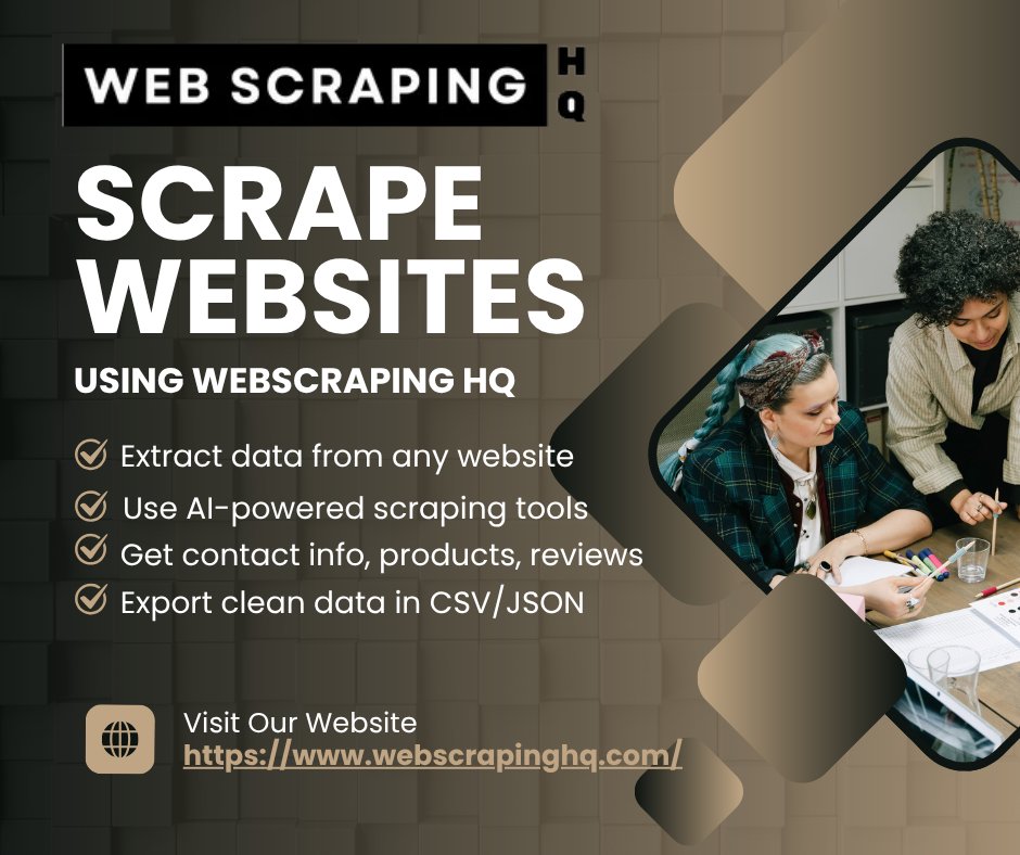 Web_Scraping_HQ's tweet image. Website Scraper with WebscrapingHQ – No Code Needed!
✅ Extract data from any website effortlessly
✅ Use AI-powered scraping tools
✅ Get contact info, products, reviews & more
✅ Export clean data in CSV/JSON
#WebScraping
Visit webscrapinghq.com for more details