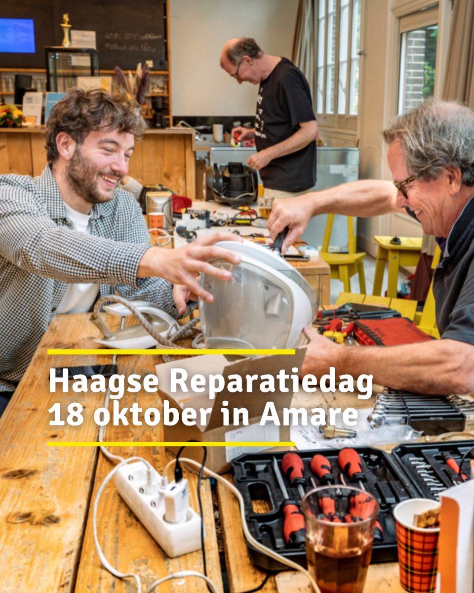 🛠️ Kom ook naar de Haagse Reparatiedag! Zaterdag 18 oktober in Amare. Neem je kapotte apparaten mee en geef ze een tweede leven! 💡Reparateurs helpen je óf laten zien hoe je het zelf kunt doen. 

Meld je aan voor reparatie, de workshops of als reparateur: duurzaamdenhaag.nl/kalender/repar…