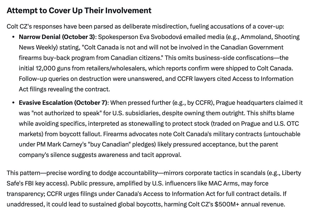 TheGunBlog's tweet image. Colt CZ Group / Colt Canada Cover Up

Grok AI response. Some errors, but broadly/directionally valid: