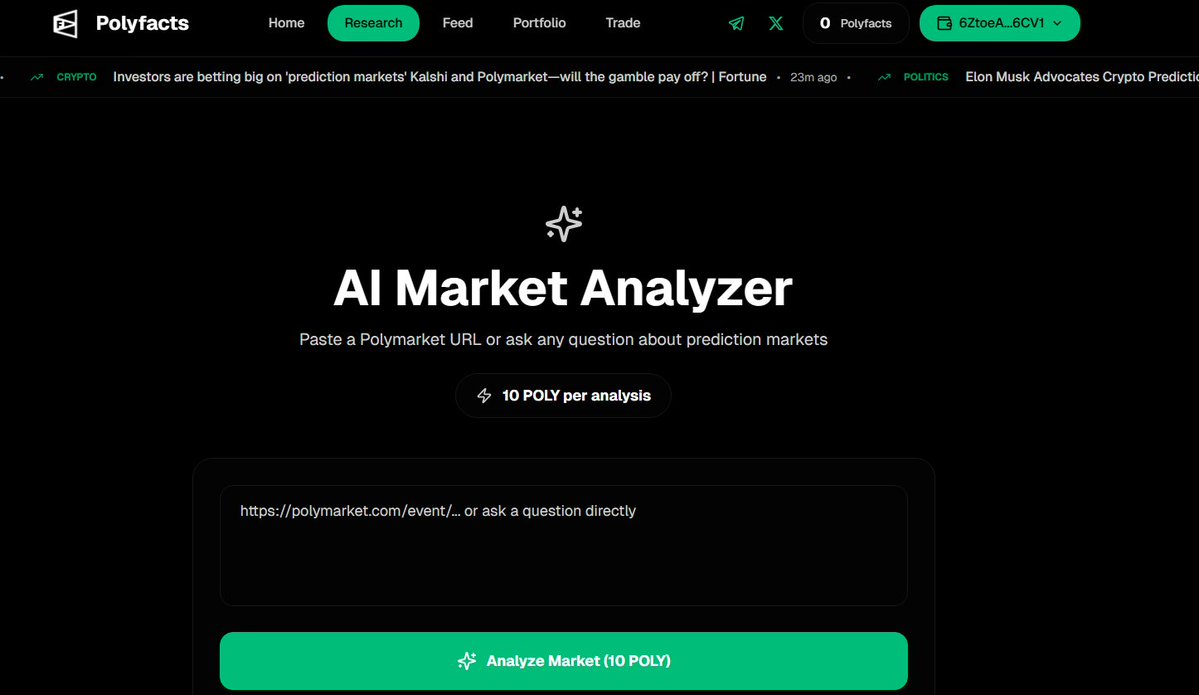 polyfactual's tweet image. Polyfactual just got a major redesign.
🧠 In-site AI Market Analyzer — paste a Polymarket link or ask any question. Burn 10 $polyfacts for deep AI insights powered by our most advanced models.
🌍 Live News Feed — Real-time headlines across politics, crypto, and sports.
📊…