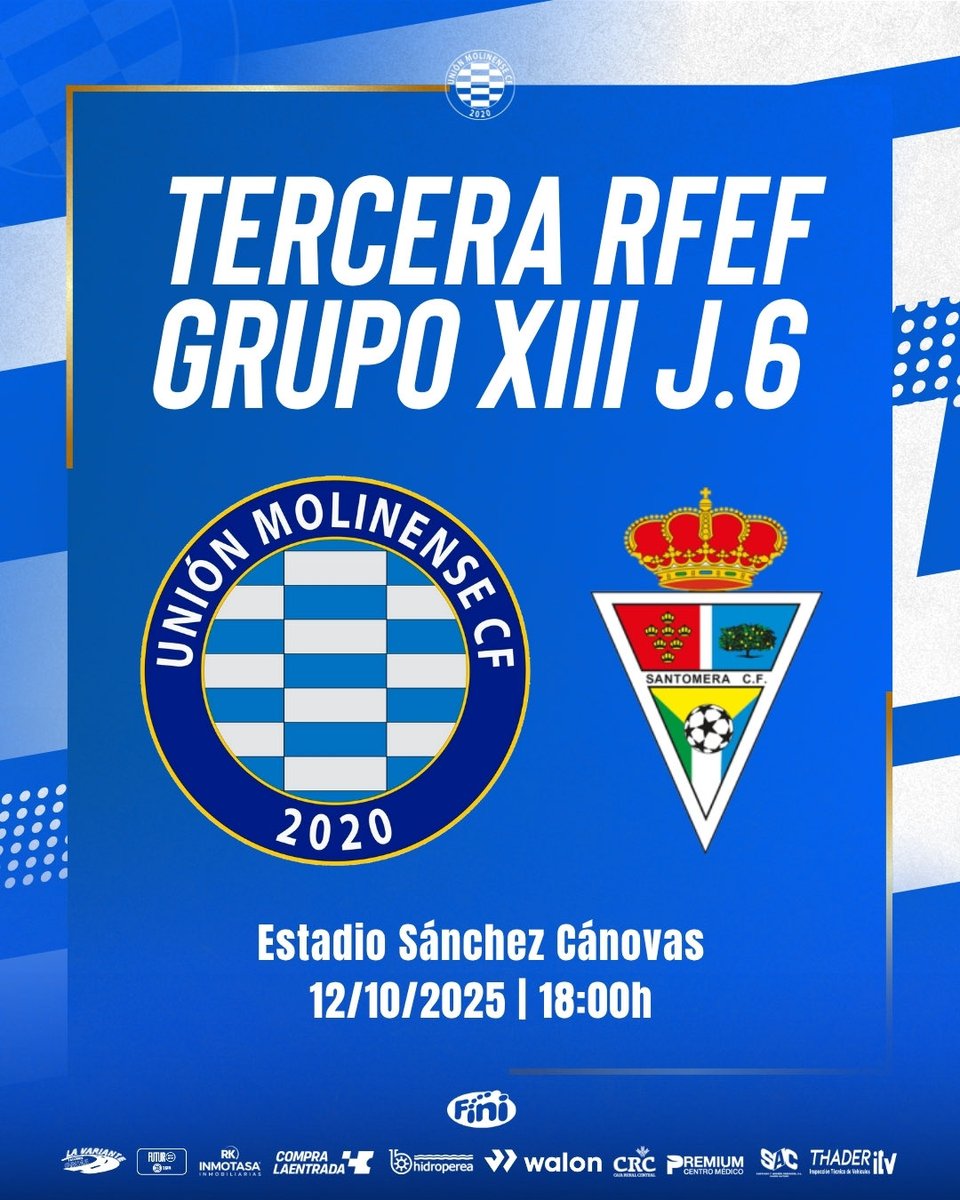 𝐉.𝟔 #𝐓𝐞𝐫𝐜𝐞𝐫𝐚𝐑𝐅𝐄𝐅 🏆|

𝐀𝐅𝐈𝐂𝐈𝐎́𝐍, ¡𝐄𝐒 𝐄𝐋 𝐌𝐎𝐌𝐄𝐍𝐓𝐎 𝐃𝐄 𝐋𝐔𝐂𝐇𝐀𝐑 𝐉𝐔𝐍𝐓𝐎𝐒! 💪🏻

⚔️ CF Santomera 
📍 Estadio Sánchez Cánovas 
🗓️ Domingo 12/10
🕕 18:00h

🎟️ Entradas unionmolinensecf.compralaentrada.com/eventos/17449/…

💳 Abonos unionmolinensecf.compralaentrada.com/abonos/nuevo

#MolinenseSantomera
