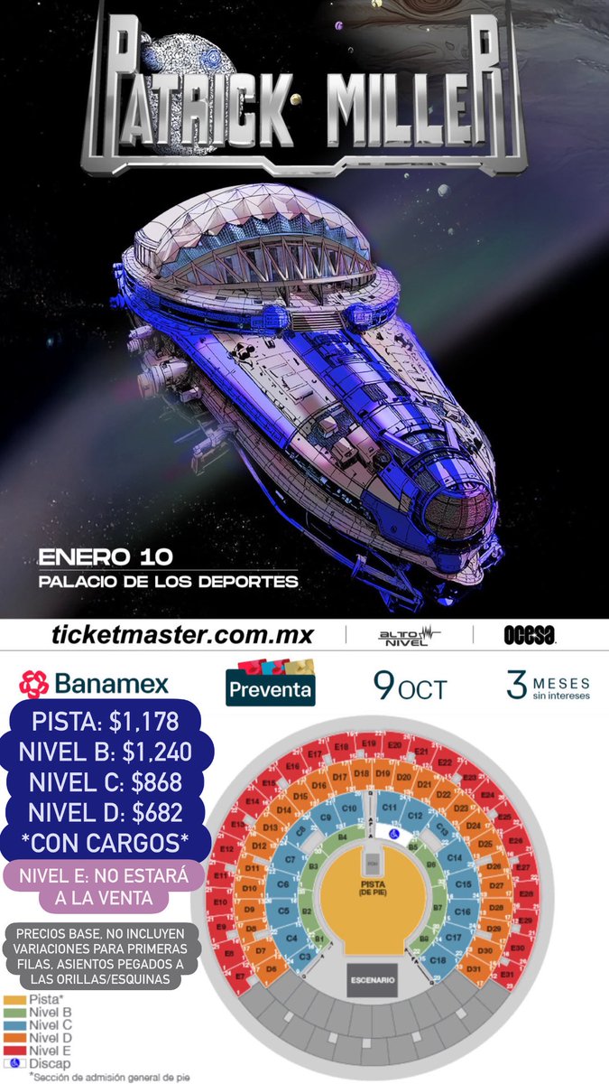 ailoviutl's tweet photo. 💳 Pre-Preventa Banamex Priority 💳

🎧 PATRICK MILLER 🎧
🗓️  Sábado 10 de Enero del 2026 🗓️
🏟️ Palacio de los Deportes 🏟️
📍 CDMX 📍 🇲🇽 México 🇲🇽
Link: https://t.co/75c7Ax5QeT

ℹ️ Código ℹ️

*Marcar 55 2262 2570, ingresen su número de cliente, luego opción 1, luego opción 2 e ingresan su contraseña de Audiomático (le pedirán su código al asesor telefónico Banamex)

*El correo con código y link ya les debió llegar a su correo, sino también pueden checar en bandeja de correos no deseados (SPAM) 

*Puedes consultarlo en la sección de ‘Mis Ofertas’ en la APP de Citibanamex 

ℹ️ INFORMACIÓN ℹ️

-El enlace se habilita 8:47 am para que accedan al Lobby (sala de espera) a las 9:00 am inicia la fila virtual 

-Inicia 9:00 am - Finaliza 9:00 PM (aunque podría cerrar antes)

-Límite de compra: 4 boletos

-Acepta pagos con tarjetas de débito/crédito EXCLUSIVAMENTE Banamex

🎟️ Precios de Boletos con Cargos 🎟️

Pista: $1,178
Nivel B: $1,240
Nivel C: $868
Nivel D: $682

PRECIOS BASE, NO INCLUYEN VARIACIONES PARA PRIMERAS FILAS, ASIENTOS PEGADOS A LAS ORILLAS/ESQUINAS

🎫 Fechas de Preventas 🎫

Venta Beyond: 7 de Octubre 9:00 AM
Preventa Priority: 8 de Octubre 9:00 AM
Preventa Banamex: 9 de Octubre 11:00 AM
Venta General: 10 de Octubre 11:00 AM

Los Códigos Priority los subiré en mi Stories para Suscriptores de mi https://t.co/ccAgcLOpK6 💜

💲 Boletera: Ticketmaster 💲

💳 Meses sin Intereses 💳

3 MSI con tarjetas de Crédito Banamex a partir de $3,000 MXN

#PatrickMiller  #Patrick #Miller #CDMX #EDM #Tour2024 #Concert #Fest #Concierto #Música #Music #Festival #México #Palacio #Deportes #Tour2025 #Tour2026 #News #Ailoviutl #PalacioDeLosDeportes #ElectronicMusic #ElectronicNews #DJ #ElectronicMusicNews #Beyond #Priority #Ticketmaster #OCESA