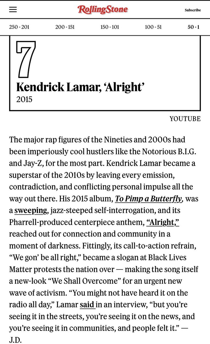 KendrickChart's tweet image. Rolling Stone ranks Kendrick Lamar’s ‘Alright’ as the 2nd Greatest Rap Song of the 21st century.🔥