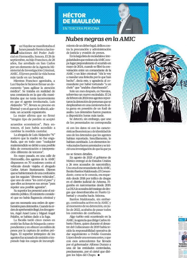 Fernando Belaunzarán (@ferbelaunzaran) on Twitter photo Asaltaron el Poder Judicial porque no admiten juzgadores independientes, pero toleran que las policías ministeriales sean obedientes de los criminales.
Lean a <a href="/hdemauleon/">Héctor de Mauleón</a>, de no creerse lo que han hecho en Sonora los que deben combatir al crimen👇
Nubes negras en la AMIC Asaltaron el Poder Judicial porque no admiten juzgadores independientes, pero toleran que las policías ministeriales sean obedientes de los criminales.
Lean a <a href="/hdemauleon/">Héctor de Mauleón</a>, de no creerse lo que han hecho en Sonora los que deben combatir al crimen👇
Nubes negras en la AMIC
