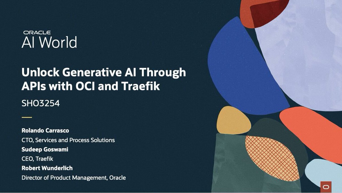 traefik's tweet image. Join our CEO Sudeep Goswami at @Oracle AI World to learn how to "Unlock Generative AI Through APIs with OCI and Traefik" on Wednesday, October 15 at 1pm.
#OracleAIWorld #AI #GenAI