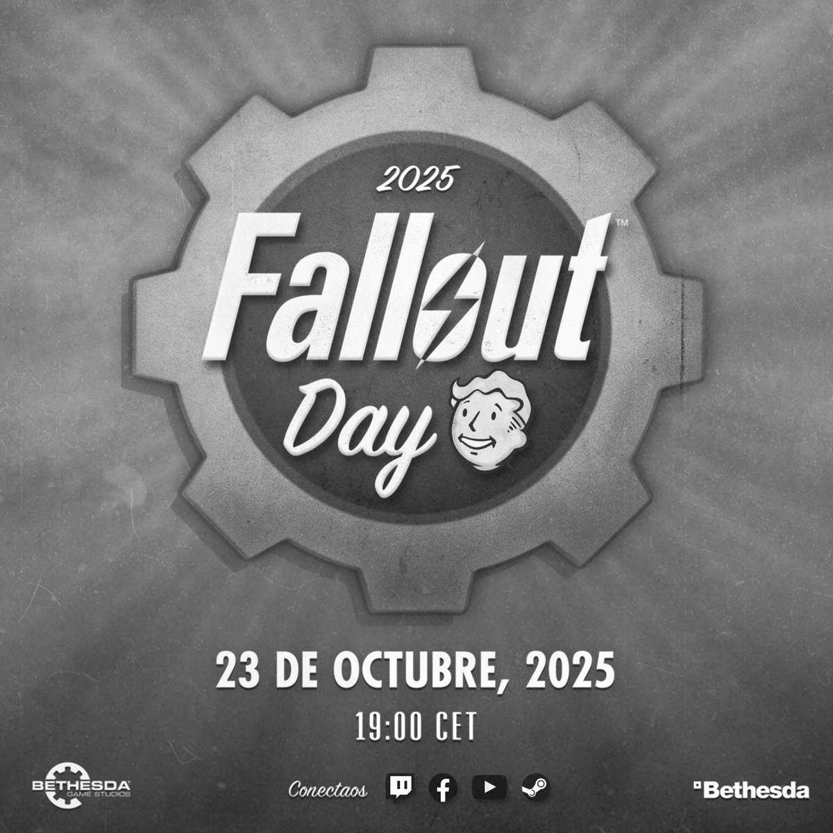 📢 ¡Guardad la fecha en vuestro calendario! 🗓️ 

El directo de #FalloutDay será el 23 de octubre a las 19:00 CET 📺 

Conectaos para descubrir las últimas noticias de Fallout, celebraciones de comunidad y eventos para los fans.