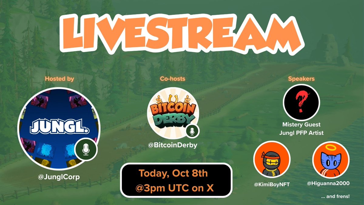 GM! ☀️ 
Join our LIVESTREAM today, when we reveal:

- Date, Time and all Communities competing in our first-ever Community Race

- The artist and all details behind JUNGL's first ever PFP drop AND how you can get a FREE MINT spot!

+ sneak-peeks, new XP use cases and more! 🧡🐎