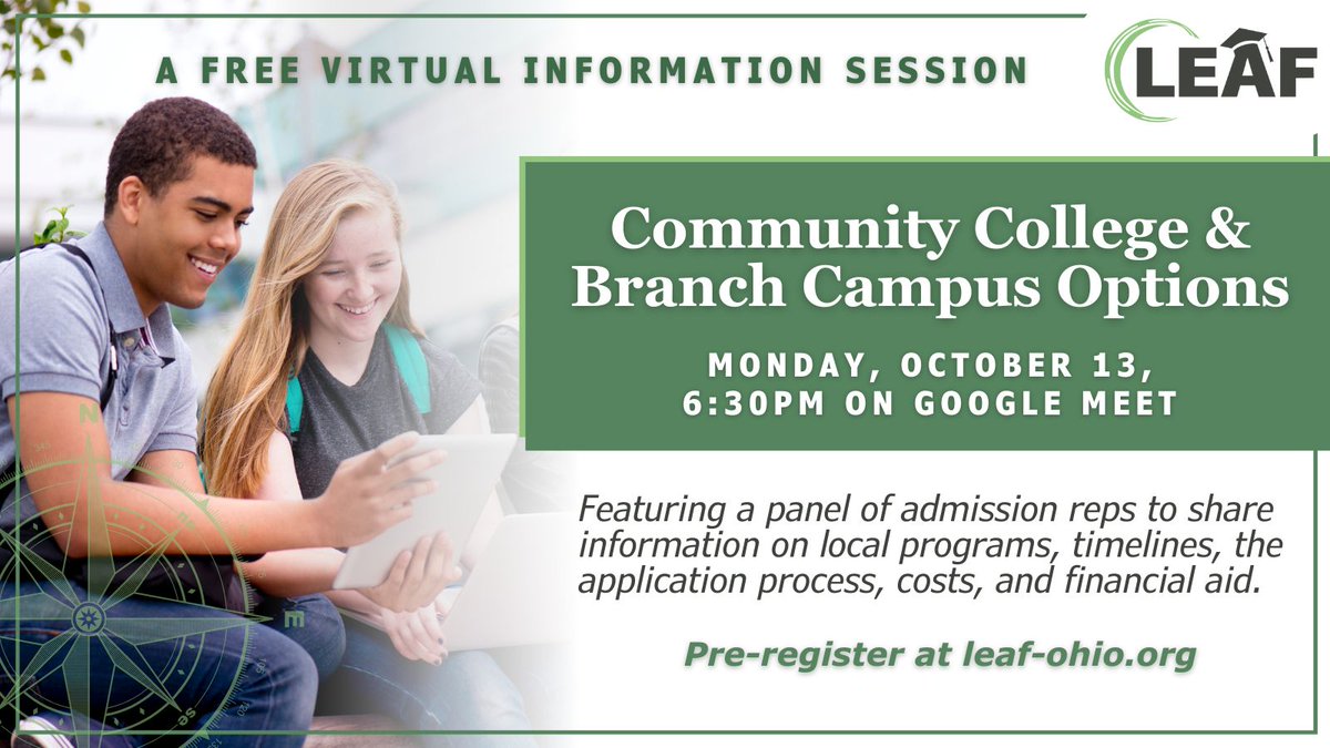 Sign-up for this free virtual session on Monday, Oct 13 to learn about cost-saving alternatives to four-year colleges and universities. Hear from a panel of experts about local programs, cost of attendance, financial aid, and more. To pre-register, visit leaf-ohio.org/virtual-sessio….