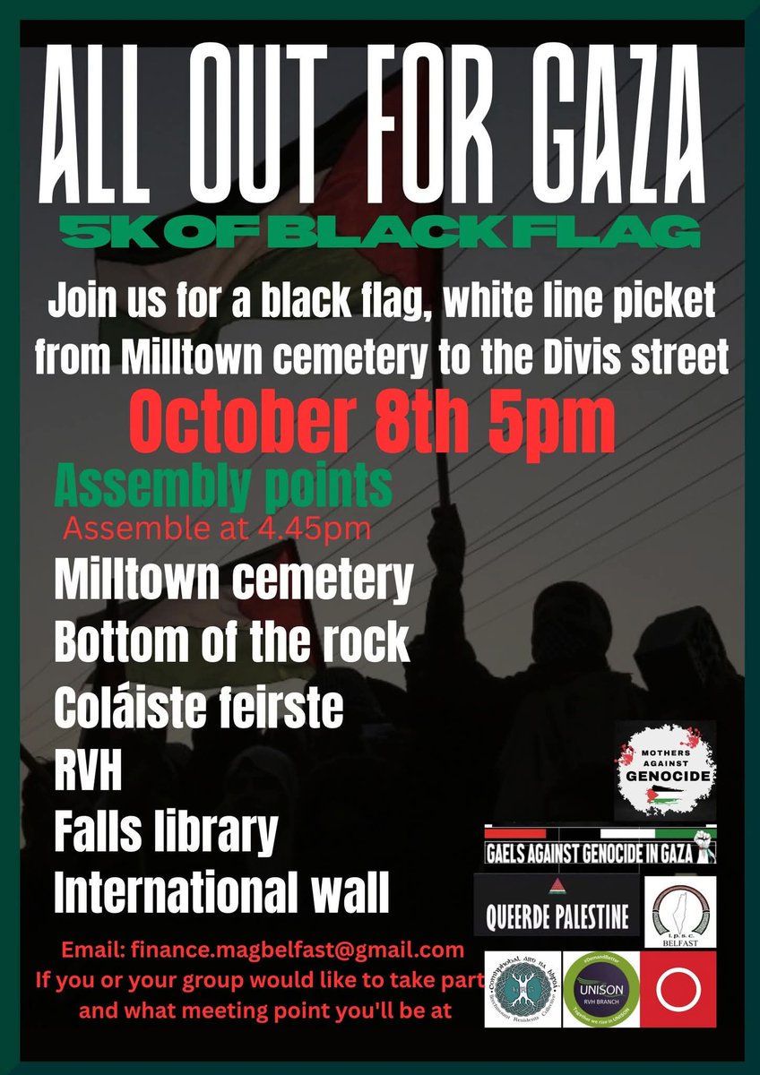 🇵🇸 Stand with Palestine 🇵🇸

Today Wednesday 8th Oct, 5PM, join us at the top of Broadway for the West Belfast White Line / Black Flag Picket, marking 2 years of genocide in Palestine 🇮🇪🇵🇸

 Feet on the streets. Bígí linn. ✊
#FreePalestine #WestBelfast