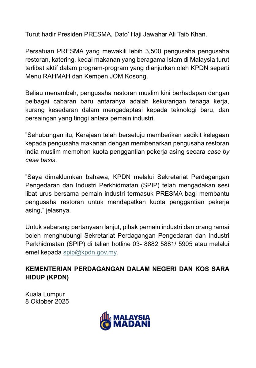 KPDN_HQ's tweet photo. KPDN PERKUKUH PERTUMBUHAN SEKTOR RESTORAN MELALUI DIGITALISASI PERKHIDMATAN

 KUALA LUMPUR | 8 OKTOBER 2025 | RABU

#KPDN
#KPDNKITA
#MalaysiaMADANI
#EkonomiMADANI
#MenuRAHMAH https://t.co/9Cs0P3Yd2k