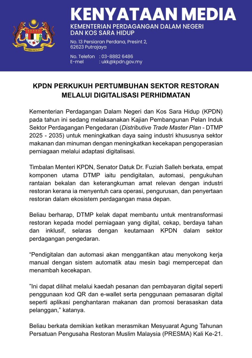 KPDN_HQ's tweet photo. KPDN PERKUKUH PERTUMBUHAN SEKTOR RESTORAN MELALUI DIGITALISASI PERKHIDMATAN

 KUALA LUMPUR | 8 OKTOBER 2025 | RABU

#KPDN
#KPDNKITA
#MalaysiaMADANI
#EkonomiMADANI
#MenuRAHMAH https://t.co/9Cs0P3Yd2k