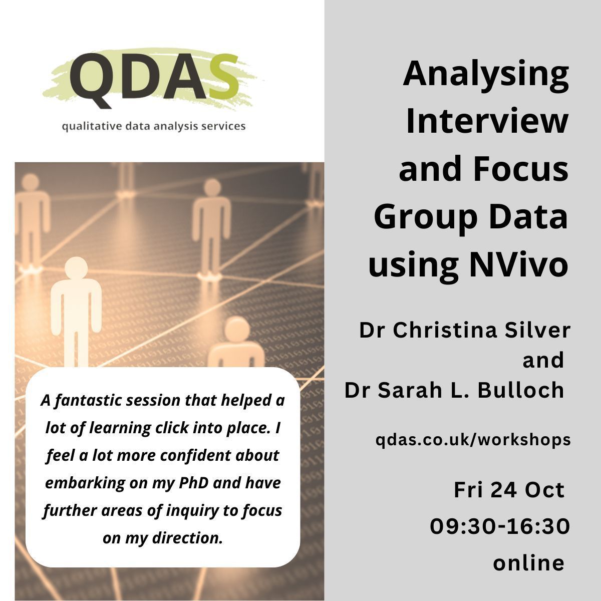 Sarah_L_Bulloch's tweet image. Embarking on the analysis of Interview or Focus Group data and looking for support? 
24th October Online workshop using #NVivo to analyse interviews + focus-groups
buff.ly/1O6aFl1 
@NVivoSoftware #QualitativeAnalysis