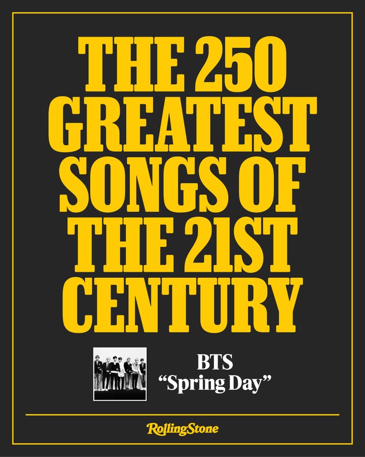 Rolling Stone ranks BTS Spring Day as the BEST K-pop song of the 21st century!

"A moment of stark vulnerability that became a signature song for one of the century’s biggest pop acts, “Spring Day” turned personal grief into a surging, triumphal power ballad. “I wish to end this