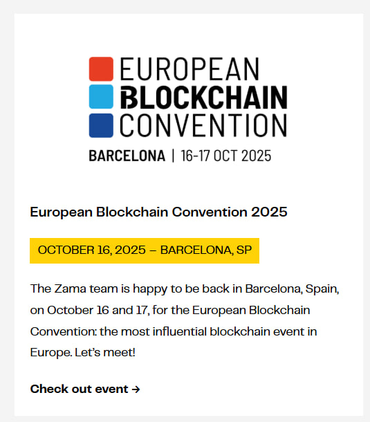 AntonysrmNafi's tweet photo. @zama  is heading back to Barcelona this October for the European Blockchain Convention 2025 🇪🇸

It’s happening on October 16–17 and it’s known as one of the biggest and most influential blockchain events in Europe; bringing together 6,000+ builders, founders, investors, and visionaries from across the world.

The @zama team will be there, representing the frontier of privacy preserving cryptography and Fully Homomorphic Encryption (FHE) tech that’s changing how data privacy works in blockchain. Their work shows that you can have both transparency and privacy, something the future of Web3 truly depends on.

Expect deep conversations on zero knowledge proofs, privacy first smart contracts, decentralized identity and the evolving regulations shaping Europe’s blockchain ecosystem.

If you’re going to be in Barcelona, this is your chance to meet the @zama team in person and see how they’re redefining what’s possible for secure, open blockchain systems. 🌐

📍 October 16–17, 2025 | Barcelona, Spain
#ZamaCreatorProgram