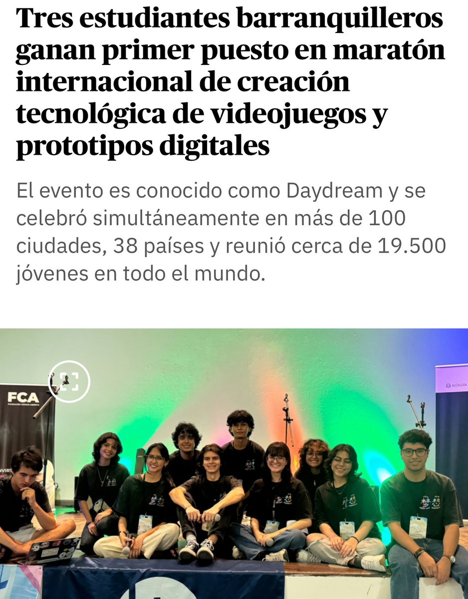 🤩 ¡Orgullo barranquillero!

🏆 Tres estudiantes de un colegio público de nuestra ciudad se alzaron con el primer puesto en la maratón internacional Daydream, un evento que reunió a 19.500 jóvenes de 38 países y más de 100 ciudades para crear videojuegos y prototipos digitales.