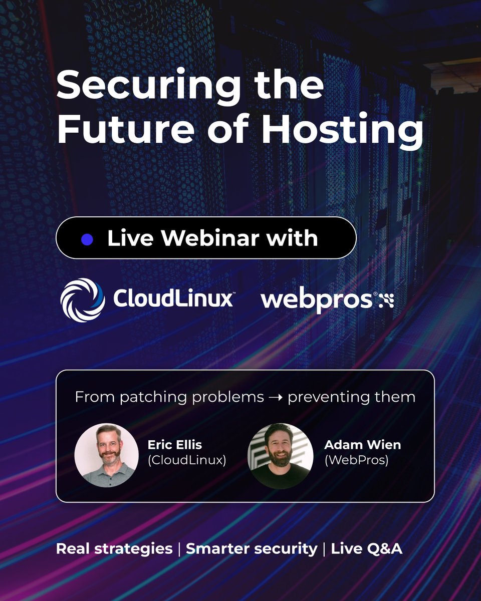 Plesk's tweet image. Happening TODAY: Securing the #FutureOfHosting, during #CybersecurityAwarenessMonth!

Join us + @CloudLinux for a live webinar on moving from patching problems to preventing them.
Featuring cPanel, Plesk &amp;amp; Imunify360.

Live Q&amp;amp;A!
Save your spot: b.link/bbbutei5
#WebPros