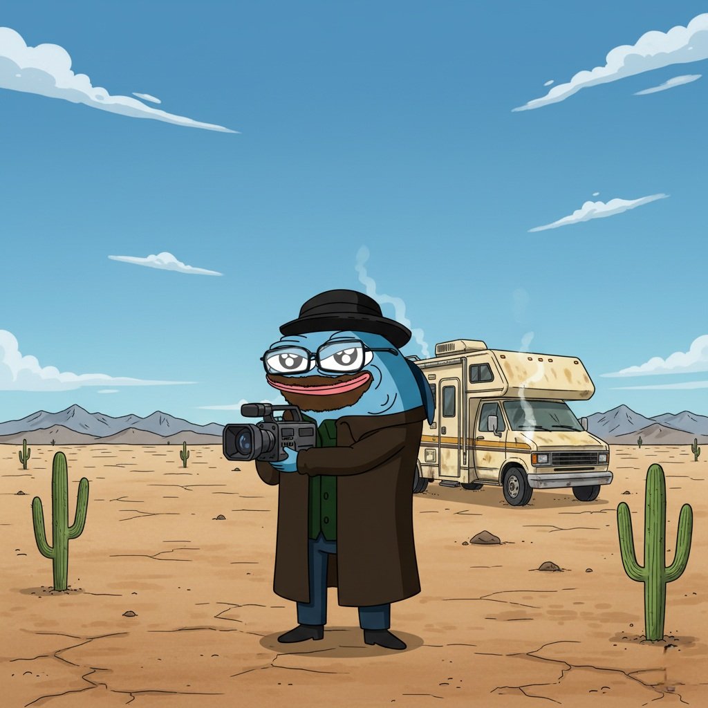 Meme reaction to EVE Frontier on Sui announcement featuring a cartoon fish character filming in the desert