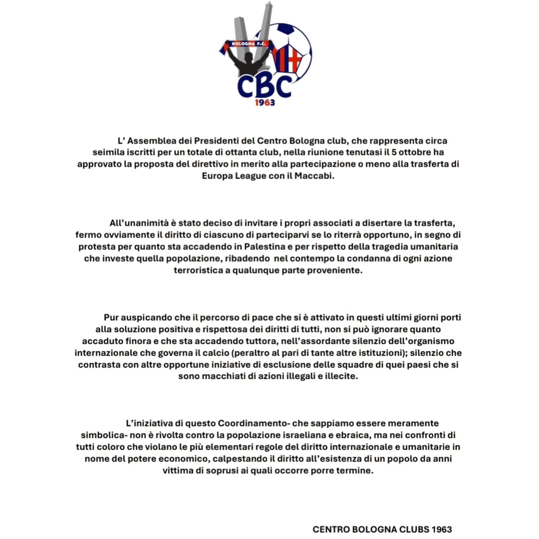 Il Centro Bologna Club, che rappresenta circa 6.000 tifosi del <a href="/Bolognafc1909/">Bologna FC 1909</a>, ha invitato i tifosi a disertare la trasferta di Europa League contro il Maccabi Tel Aviv del prossimo 29 gennaio in Serbia, come protesta per il genocidio in #Palestina.

👇