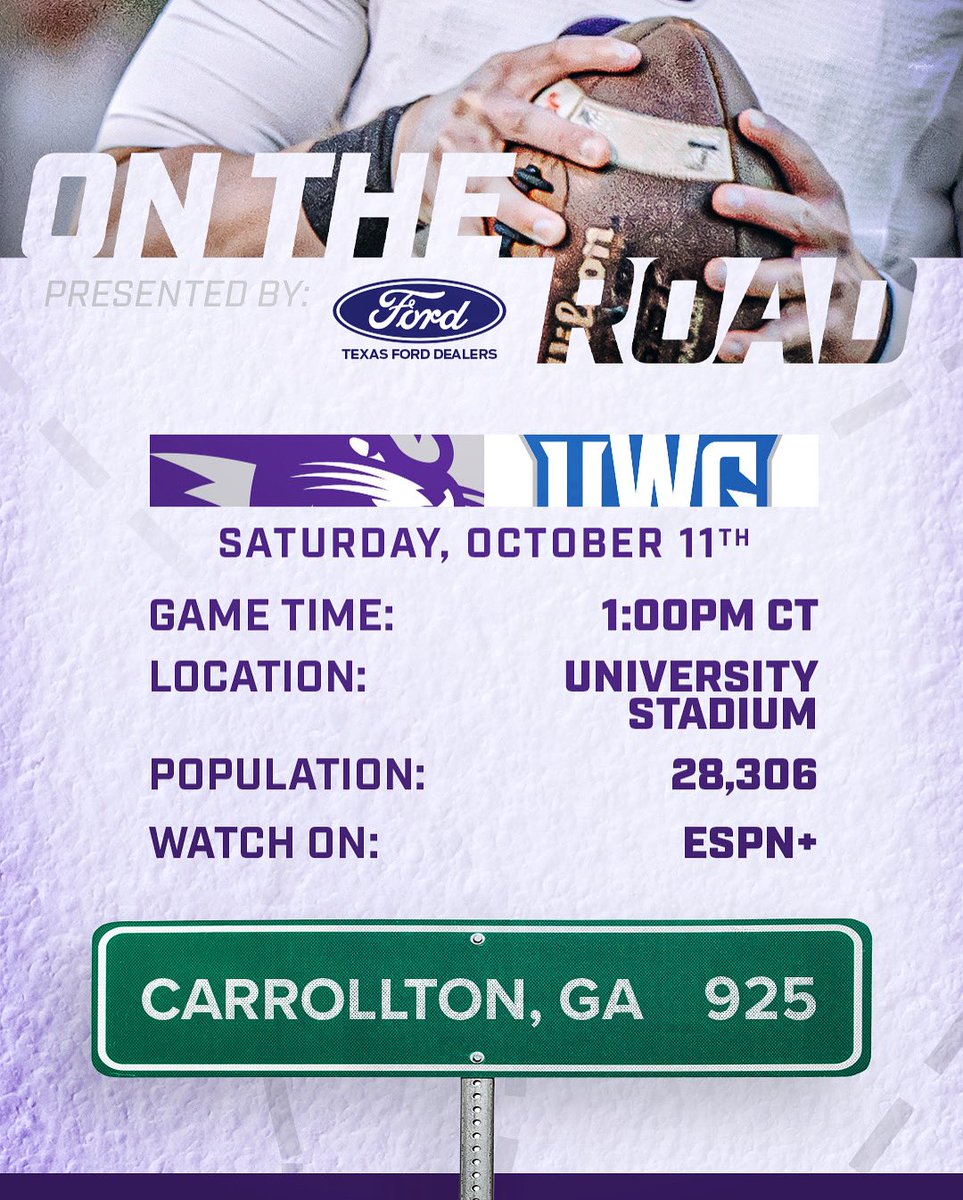 𝐇𝐢𝐭𝐭𝐢𝐧’ 𝐭𝐡𝐞 𝐫𝐨𝐚𝐝

Your Wildcats face West Georgia in Carrollton, Ga this Saturday, with Texas Ford Dealers powering the journey!! 🏈🚗

#CDT | #GoWildcats