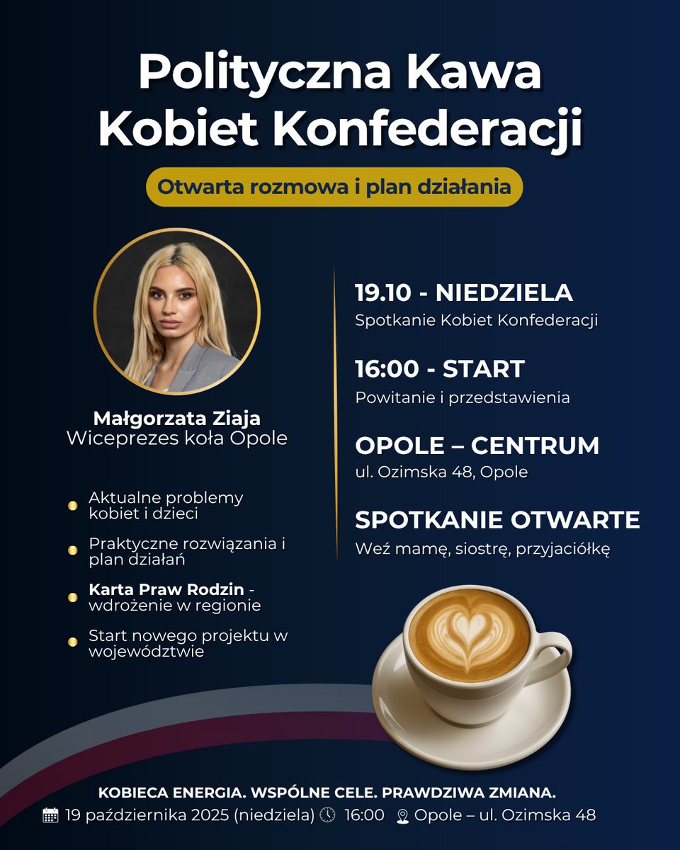 Współczesny świat potrzebuje głosu kobiet, które potrafią łączyć rozsądek z sercem, wiarę z działaniem, a tradycję ze spojrzeniem na rzeczywistość.
Dlatego zapraszam na spotkanie Kobiet Konfederacji, które odbędzie się w niedzielę, 19 października o godzinie 16:00.

Spotkanie