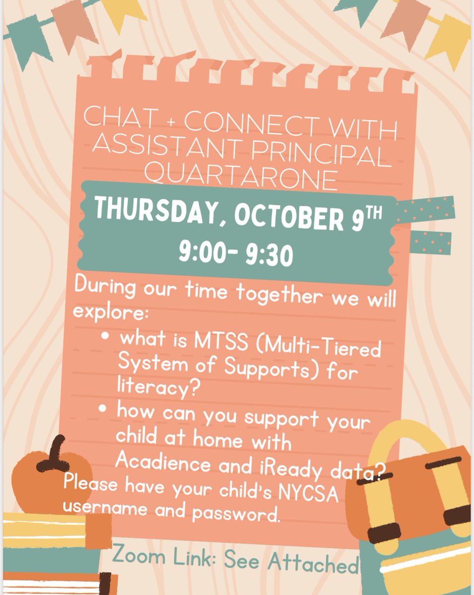 Join me tomorrow:
📆 Thursday, October 9th
⏰ 9:00am- 9:30am
📍 Zoom link shared by Ms. Choi, PC
<a href="/94QDavidDPorter/">Laura Avakians</a> <a href="/PS94DavidPorter/">PS94 David D Porter</a> <a href="/D26Team/">District 26</a> <a href="/PTAofPS94Q/">PTA of PS94Q</a>