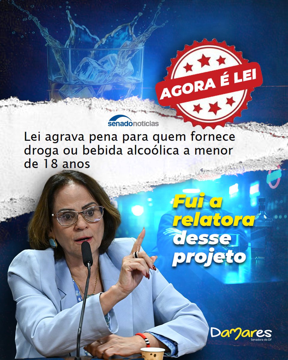 DamaresAlves's tweet image. Agora é lei. Aumentamos a pena para quem fornecer drogas ou bebidas alcoólicas a crianças ou adolescentes. Pelo texto, a pena atual de detenção, que varia de 2 a 4 anos, passa a ser aumentada de um terço até a metade, caso o produto seja efetivamente consumido pelo menor de 18…
