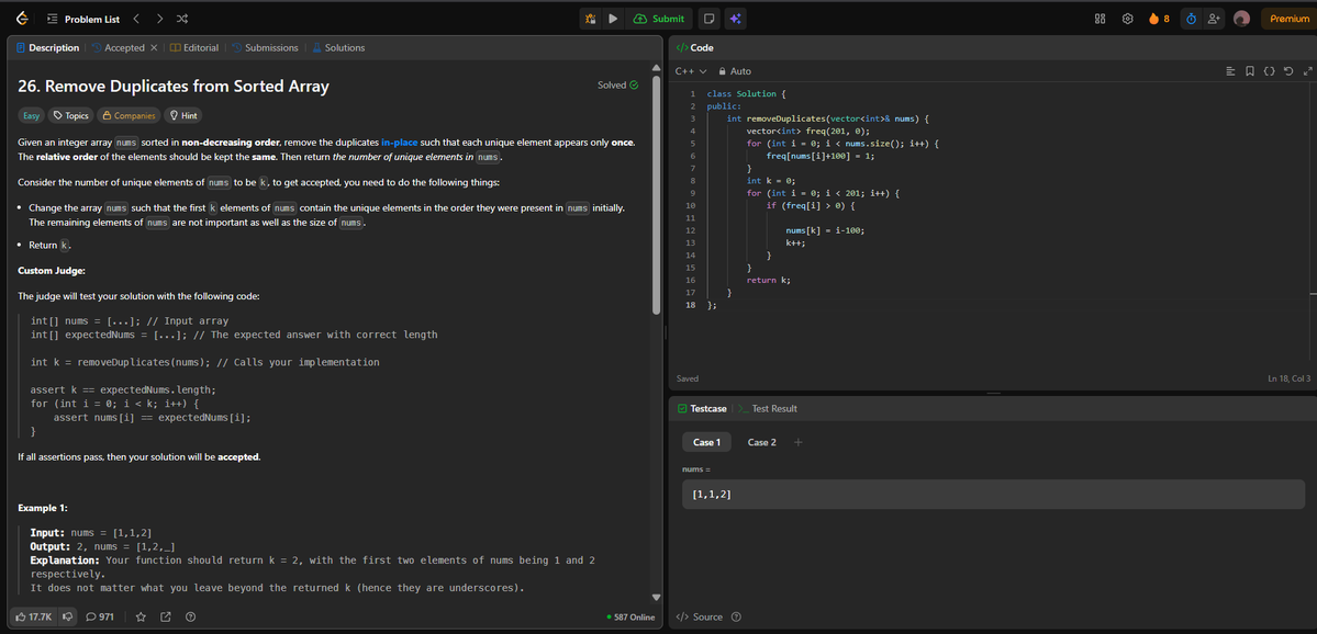 Anurags44798025's tweet image. Day 72
Problem: Remove Duplicates from Sorted Array
#Day72 #LeetCode #CodingChallenge #100DaysOfCode #DSA #CPlusPlus #ProblemSolving #TechTwitter #LearnToCode #CodeNewbie