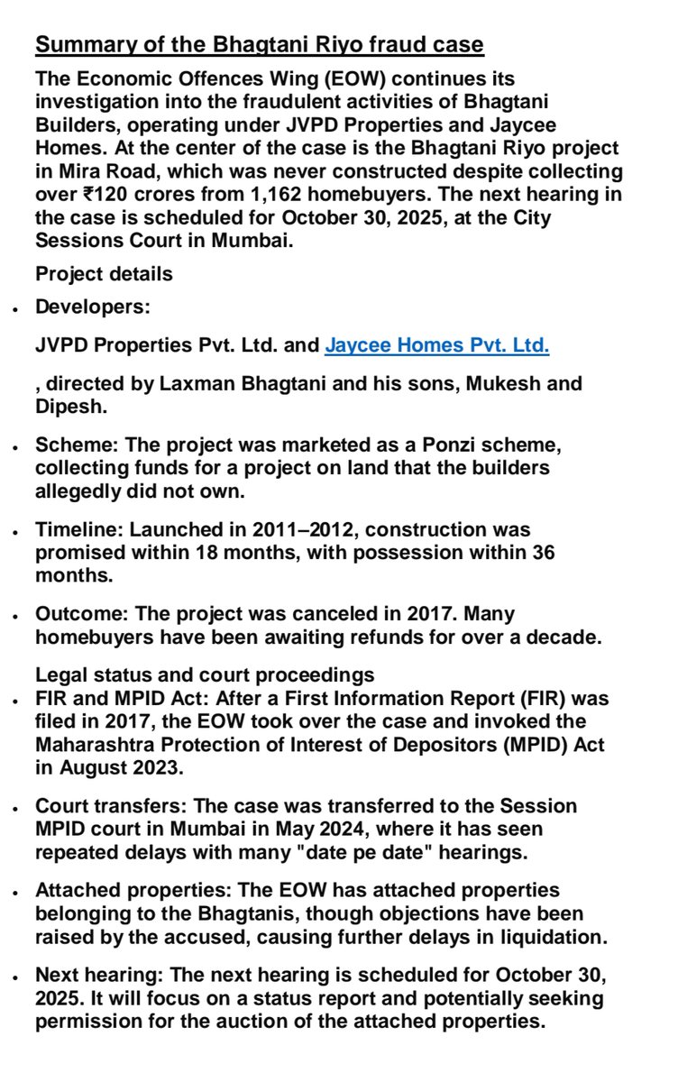 Bhagtani_JVPD's tweet photo. @Dev_Fadnavis EOW investigating into the fraudulent activities of Bhagtani Builders under JVPD Properties  Jaycee Homes  case is the Bhagtani Riyo project Mira Road was never constructed no land  collected over ₹120 crores Next hearing of case is 30/10/2025 at Sessions Court Mum https://t.co/cIjcqnxxYd