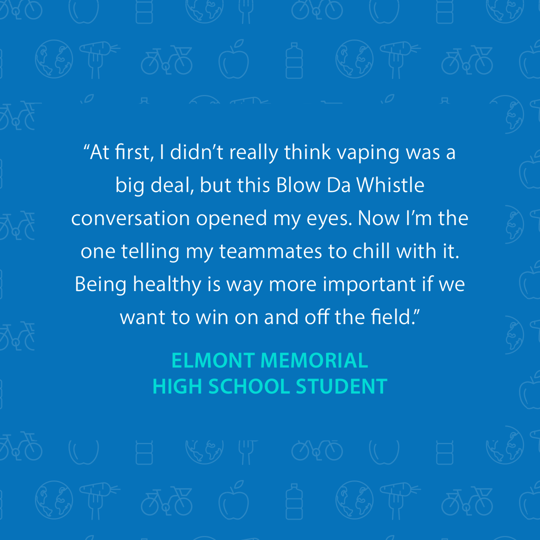 NationalPTA's tweet photo. To educate their Title I school community about the dangers of vaping, the PTSA at Elmont Memorial High School in Elmont, N.Y., used their grant from National PTA and the Campaign for Tobacco-Free Kids to launch a Tobacco Prevention Campaign.  Their campaign focused on comprehensive anti-vaping initiatives designed to raise awareness and debunk myths. They also empowered their student scholars to speak up and have “Blow Da Whistle” conversations with peers about the dangers of vaping. Read their story and learn how you can run a Tobacco Prevention Campaign in your school at https://t.co/BmZvIUO5lk.  #HowWePTA