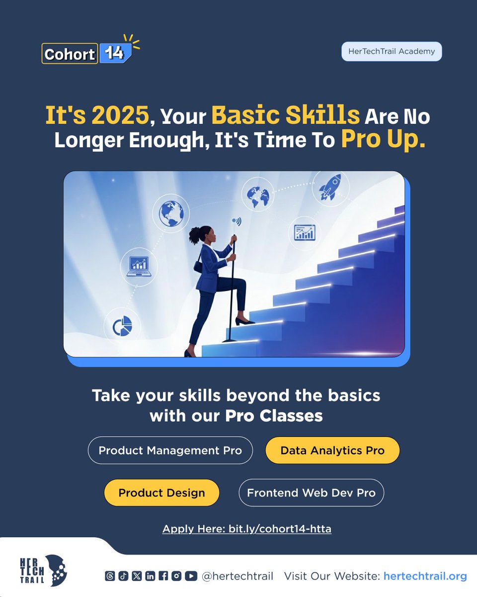 In 2025, basic skills are no longer enough, and it’s time to refine your skills and claim your next level in
Product Management Pro, Data Analytics Pro, Product Design, Frontend Web Dev Pro

Apply now for Cohort 14: bit.ly/cohort14-htta

 #HerTechTrail #WomenInTech #Cohort14