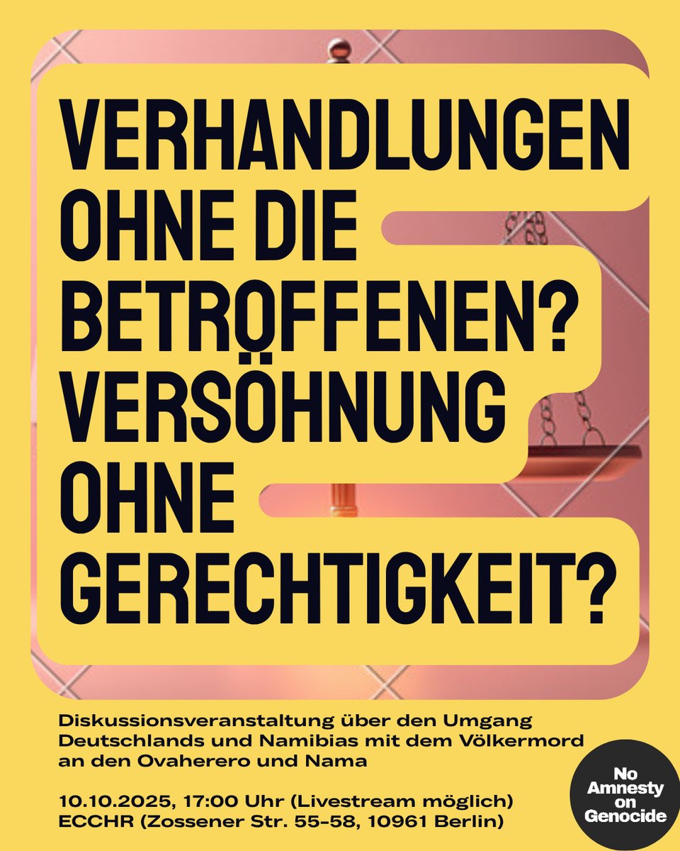 Seid am 10.10. dabei‼️
 
Ein Gespräch über koloniale Langzeitfolgen &amp; Anspruch auf Reparationen betroffener Communities mit Paul Thomas (namibische Nama Traditional Leaders Association), Andrea Pietrafesa (<a href="/ECCHRBerlin/">ECCHR</a>) &amp; <a href="/AlmazTeffera/">Almaz Teffera</a> (<a href="/hrw/">Human Rights Watch</a>).
 
Anmeldung: bit.ly/42uSNhy